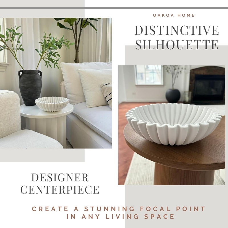 OAOKA Concrete Decorative Bowl - White Large Decorative Bowls for Home Decor - Coffee Table Bowl Decor - Scalloped Ruffle Centerpiece Bowl - Image 4